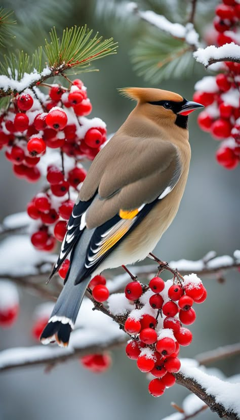 gorgeous waxwing bird , on a snow-covered pine branch - AI creation Cedar Waxwing Bird, Winter Birds Photography, Most Beautiful Birds Nature, Birds In Snow, Waxwing Bird, Birds In Winter, Hummingbirds Photography, Snow Bird, Drawing Scenery