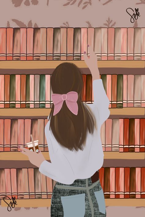 Library Illustration Aesthetic, Library Art Aesthetic, Women In Library, Girly Library, Woman Reading Illustration, Aesthetic Girly Pics, Librarian Art, Library Drawing, Library Wallpaper