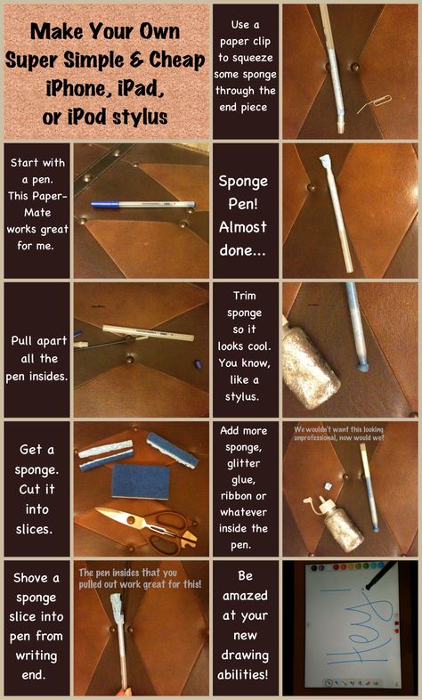 Easiest method for making your own iPad, iPhone, or iPod stylus!   You only need a pen and a sponge- so simple! Diy Pen For Phone, Diy Stylus Pen, Electronic Hacks, Diy Stylus, Gadget Organizer, Pencil For Ipad, Diy Gadgets, Pen Diy, Custom Pens