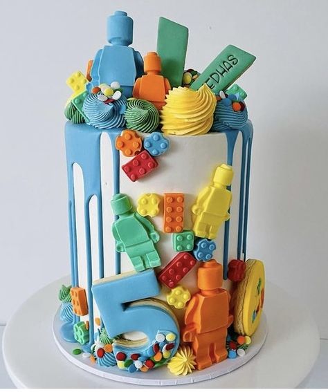 21st Birthday Cake Lego, Lego Cake For Adults, Number 5 Lego Cake, Lego Drip Cake, Lego Birthday Cupcakes, Lego Theme Birthday Cake, Lego Party Cake, Modern Lego Party, Cake Lego Birthday