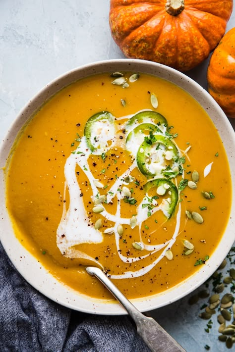 Velvety smooth and brilliantly hued, this creamy vegan pumpkin curry soup recipe is deeply beloved in our homes. Vegan Pumpkin Curry, Pumpkin Coconut Soup, Pumpkin Curry Soup, Curried Pumpkin, Curry Soup Recipes, Vegan Pumpkin Soup, Hummus Bowl, The Modern Proper, Modern Proper