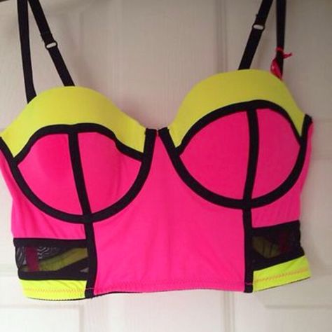 color blocked neons Crop Tops Pink, Bright Bikinis, Top Bra, Neon Fashion, Hot Swimwear, Bralette Crop Top, Yellow Top, Swim Suits, Pink Tank