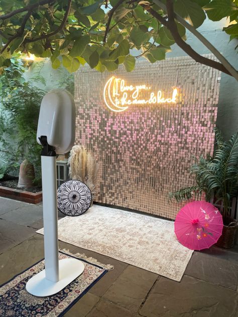 Wedding Photo Booth, shimmer wall, neon sign Pink Wedding Photo Booth, Aesthetic Photo Booth Background, Photo Booths Wedding, Photo Booth At Party, Selfie Corner Ideas Photo Booths For School, Photobooth At Party, Cute Photo Booth Ideas, Event Photo Booth Ideas, Photo Booth Quinceanera