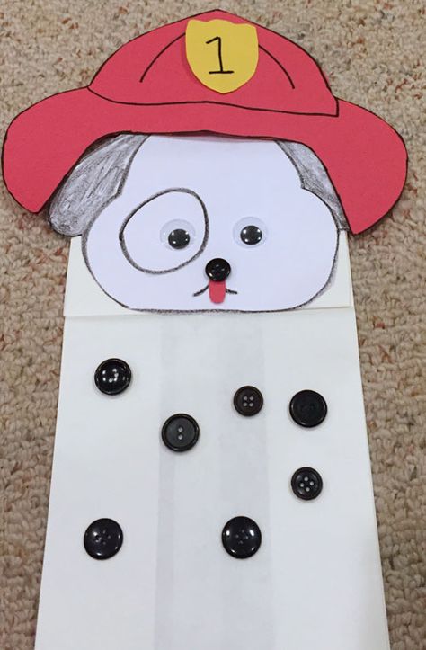 Dalmatian Puppet Craft    This cute fire safety dog puppet craft is fun to make during Fire Safety Week. Children use a white paper lunch bag, construction paper and buttons to create the project. When finished, these dogs look nice on a fire safety themed bulletin board or can be used for a puppet show. Fire Safety Art Projects For Preschool, Easy Firefighter Craft, Fire Safety Week Preschool Crafts, Fire Safety Crafts Kindergarten, Firemen Activities For Preschool, Firefighter Preschool Crafts, Fire Prevention Crafts, Fire Prevention Week Preschool, Safety Town