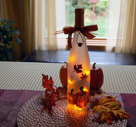 Thanksgiving decoration wine bottle light by LightBottlesByVicki, $25.00 Thanksgiving Wine Bottle, Fall Wine Bottles, Bottle With Lights, Wine Bottle Crafts Christmas, Bottle Projects, Wine Bottle Centerpieces, Thanksgiving Wine, Bottle Centerpieces, Digital Word