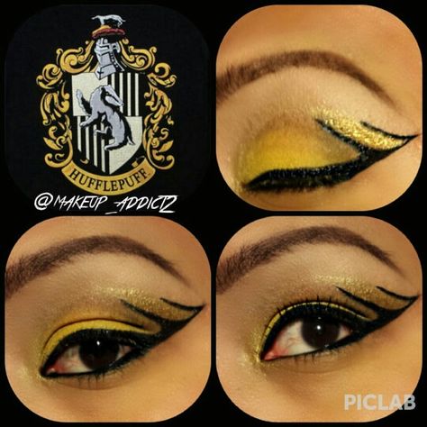 Hufflepuff inspired makeup look. Hufflepuff Makeup Looks, Hufflepuff Makeup, Hufflepuff Characters, Hufflepuff Costume, Harry Potter Makeup, Hufflepuff House, Harry Potter Hufflepuff, Inspired Makeup, Cosplay Makeup