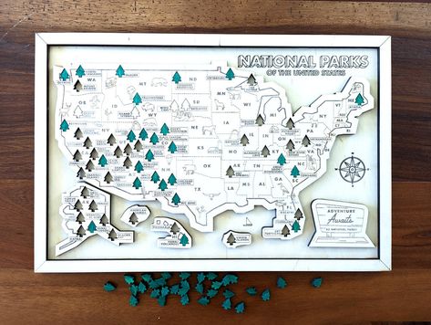 National Park Checklist, Map With Pins, National Park Map, National Park Gifts, Welcome Home Gifts, National Parks Map, Wooden Map, Personalized Banners, Illustrated Map