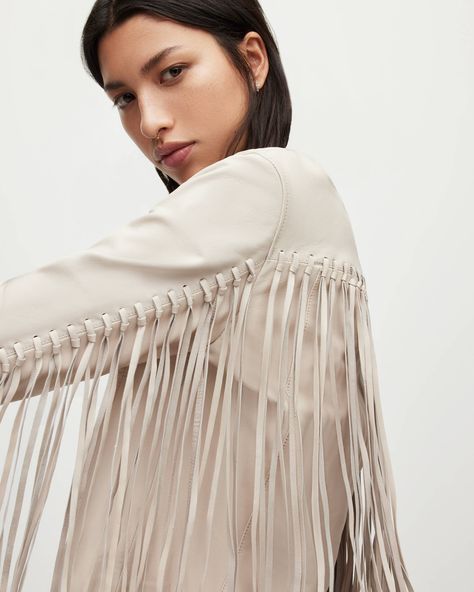 Reema Fringed Leather Tassel Jacket White | ALLSAINTS US Women's Leather Pants, Tassel Jacket, Leather Shirt Dress, Cropped Biker Jacket, Leather Waistcoat, Whip Stitch, White Leather Jacket, Leather Pants Women, White Tassel