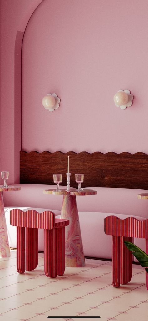 Art Deco Playroom, Pink Shop Aesthetic, Funky Restaurant Interior, Pink Home Bar, Sweet Corner Ideas, Corner Wall Design, Pink Hotel Room, Soft Blue Kitchen, Colourful Cafe