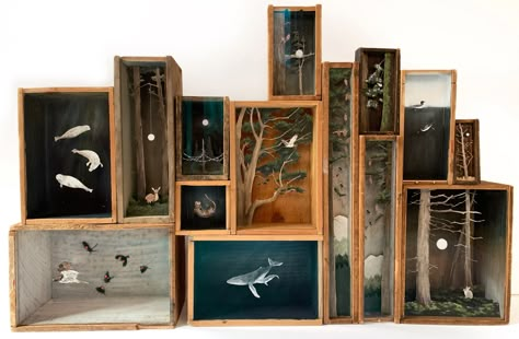 Delightful Nighttime Landscapes Nestle into Stacked Wooden Boxes in Allison May Kiphuth’s Dioramas | Colossal Art Homework, Ocean Habitat, Box Assemblage, Nighttime Sky, Art Origami, Shadow Box Art, Colossal Art, 3d Studio, Visual Culture