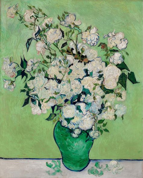 Roses (1890) by Vincent Van Gogh, MET Museum. #roses #vangogh #vincentvangogh #flowers #stilllife #green #whiteroses #greenvase #metmuseum Van Gogh Green, Vintage Flower Painting, Instagram Roses, Green Vans, Van Gogh Paintings, Green Vase, February 13, Bedroom Prints, Nyc Apartment