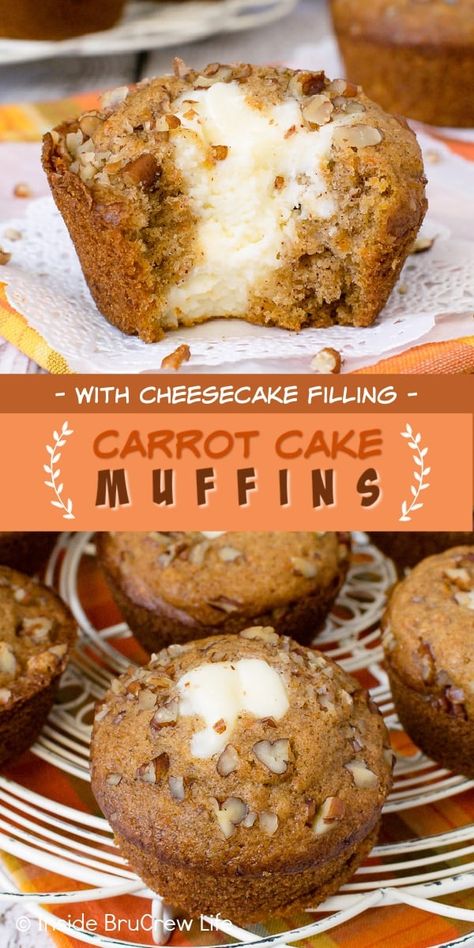 Carrot Cake Muffins - these soft carrot cake muffins have a cheesecake filling hidden in the center. Easy recipe to make for breakfast, snack, or dessert. Carrot Cake Muffins Recipe, Muffins With Cream Cheese Filling, Carrot Cake Muffin Recipe, Carrot Cheesecake, Muffins With Cream Cheese, Carrot Muffin Recipe, Cheesecake Muffins, Bakery Style Muffins, Carrot Cake Muffins