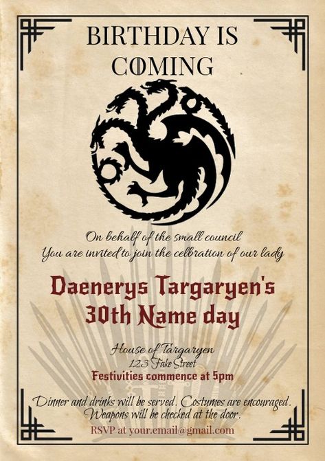 House Of The Dragon Party Ideas, Game Of Thrones Birthday Party Ideas, House Of The Dragon Party, Game Of Thrones Invitation, Got Birthday, Dragon Party Invitations, Dragon Birthday Party Invitations, Game Of Thrones Birthday, Template Game