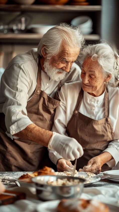 Elderly Couple Cooking: Loving elderly couple wearing aprons preparing a meal together in a warm, cozy kitchen setting. #elderly #couple #cooking #kitchen #aprons #aiart #aiphoto #stockcake ⬇️ Download and 📝 Prompt 👉 https://ayr.app/l/C8zF Elderly Aesthetic, Warm Cozy Kitchen, Elderly Love, Man Cooking, Couple Cooking, Elderly Couples, Picture Prompts, Old Couples, Energy Healer