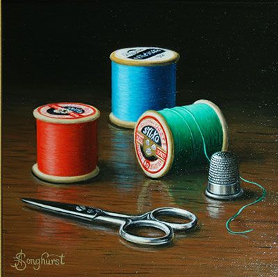 Anne Songhurst | OIL | Three Bobbins Necklace Gift Packaging, Photography Ideas At Home, Still Life Artists, Oil Painting Techniques, Colored Pencil Techniques, Still Life Photos, Still Life Drawing, Hyperrealism, Pop Surrealism