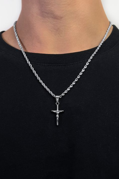 Men's silver necklace with a Jesus cross pendant hanging from a 2mm twisted rope. A harmonious blend of vintage religious charm and contemporary streetwear jewelry, reflecting faith and fashion. Silver Cross Jewelry, Jesus Cross Necklace, Detailed Cross, Streetwear Jewelry, Faith Jewelry, Jesus Cross, Mens Silver Necklace, Matching Jewelry, Jesus On The Cross