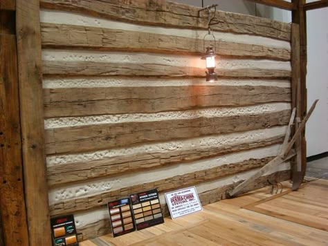 Antique hand-hewn siding wall - horizontal / Permachink chinking was used inbetween Rough Sawn Wood Wall, Faux Cabin Walls, Chinking Interior Walls, Log Cabin Walls, Square Log Cabin, Paint Siding, Modern Lodge Style, Cabin Walls, Quonset Home