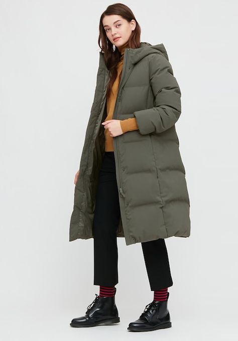 Uniqlo Coat, Long Down Coat, Perfect Coat, Long Coat Women, Uniqlo Women, Thick Sweaters, Green Coat, Coat Outfits, Down Coat