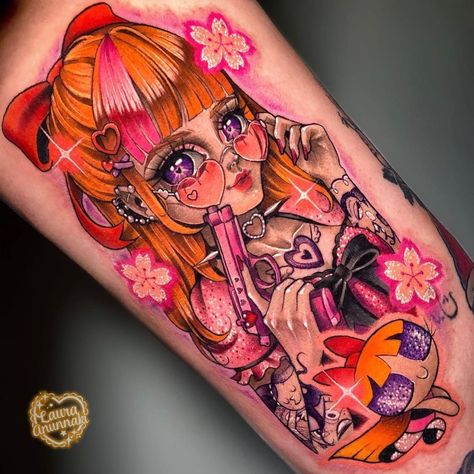 💖 ♡ 𝐋𝐚𝐮𝐫𝐚 𝐀𝐧𝐮𝐧𝐧𝐚𝐤𝐢 ♡ 💖’s Instagram post: “♥️🌸🌷Blossom PPG in my vision 🌷🌸♥️ . Finally I got to do all the powerpuff girls! So excited 😆💙💖💚 I’m looking to do more tattoos inspired in…” Laura Anunnaki, Blossom Powerpuff, Blossom Ppg, Line Drawing Tattoos, Neon Tattoo, Pop Art Tattoos, Gem Tattoo, Jewel Tattoo, Made In Abyss