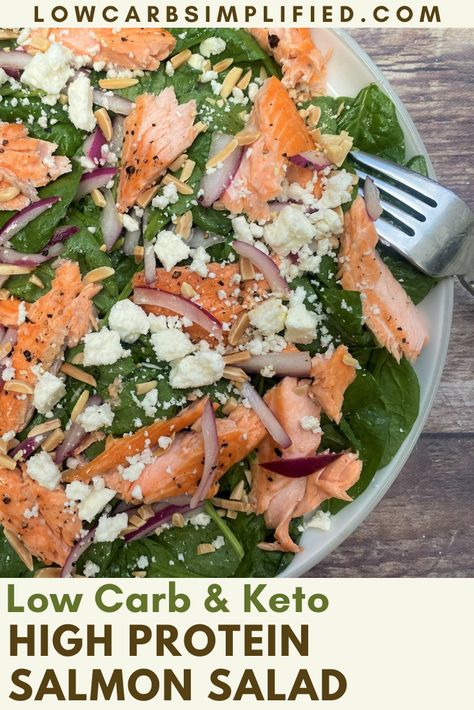 Loaded with flaky salmon, spinach, feta, and almonds, this high-protein and keto salmon salad has it all! It's big on flavor and texture and serves as a filling lunch or quick weeknight dinner. Salmon Stuffed With Spinach, Salmon Spinach Recipes, Delicious Grill Recipes, Protein Salad Recipes, Keto Salmon, High Protein Salads, Canned Salmon Recipes, Salmon Salad Recipes, Salmon Spinach