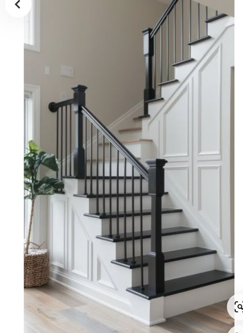 Update Spindles On Stairs, Modern Painted Stairs, Modern Banisters And Railings Wood, Updated Stairs Railing, Black Stair Railing Paint Color, Black And White Banister Stair Railing, Black Rod Iron Staircase Railings, New Staircase Ideas, Black Wood Stairs