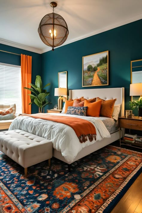 Copper And Teal Bedding, Rust Teal Bedroom, Teal Daybed Room Ideas, Green Blue And Orange Bedroom, Dark Teal And Orange Bedroom, Orange And Teal Bedroom Ideas, Bedroom Ideas Teal And Grey, Dark Blue And Yellow Bedroom, Color Schemes With Teal