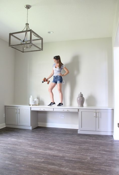 DIY Office Built-in Desk with Shaker Doors - Frills and Drills Desk Cheap, Diy Built In Desk, Diy Office Desk, Basement Office, Custom Cabinet Doors, Office Built Ins, Desk Diy, Office Nook, Office Guest Room