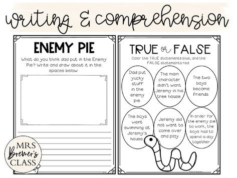 Enemy Pie book study companion activities to go with the picture book by Derek Munson. Perfect for whole class guided reading, small groups, book study groups, or individual student learning. Packed with lots of fun literacy ideas and guided reading activities. Common Core aligned. K-2 #bookstudies #bookstudy #bookcompanion #bookcompanions #picturebookactivities #1stgrade #2ndgrade #literacy #guidedreading  #enemypie Enemy Pie Activities Free, Enemy Pie Activities, Pie Activities, Kindness Classroom, Enemy Pie, Reading Small Groups, Inferencing Activities, Inference Activities, Text Ideas