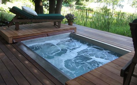 Custom Hot Tubs & Spas Design And Installation |Bradford Products Sunken Spa Outdoor, Rectangle Hot Tub, Sunken Swim Spa, Stainless Steel Hot Tub, Outdoor Hot Tub Ideas, Built In Hot Tub, Mountain Deck, Square Hot Tub, Backyard Hot Tub