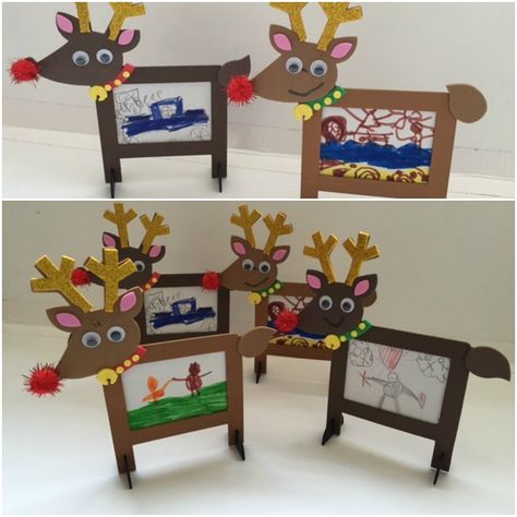 Reindeer Frame Craft, Reindeer Picture Frame, Reindeer Photo Craft, Christmas Frame Ideas, Reindeer Photo, Popsicle Stick Art, Ornaments Diy Kids, Picture Frame Crafts, Clay Crafts For Kids