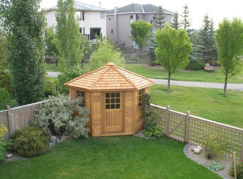 Corner Shed, She Cave, Backyard Corner, Garden Sheds Uk, Small Pool Houses, Sheds Ideas Backyard, Garden Shed Kits, Outdoor Fire Pit Seating, Corner Sheds