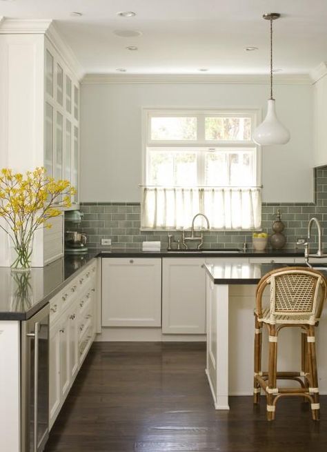 Green Subway Tile Backsplash - Cottage - kitchen - Studio William Hefner Green Subway Tile, Trendy Kitchen Colors, Green Backsplash, Grey Wood Floors, Kitchen Design Diy, Black Countertops, Beautiful Kitchen Designs, White Subway Tiles, Backsplash Designs