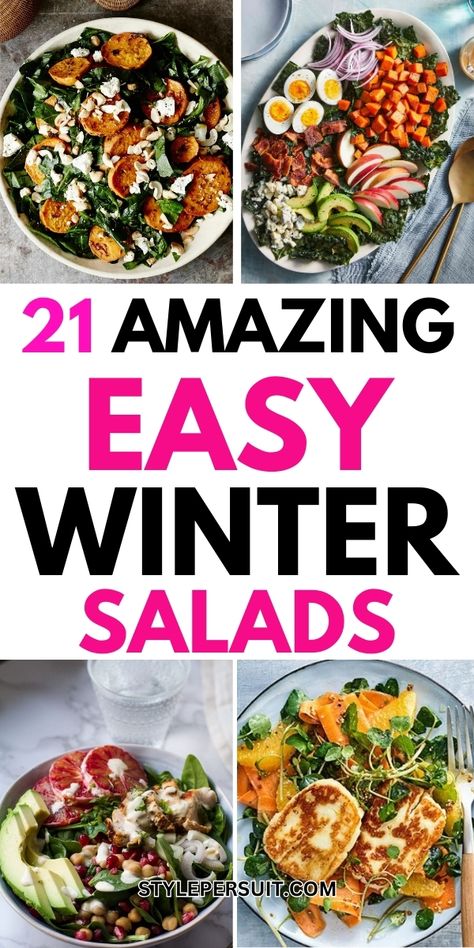 21 Easy Winter Salad Recipes in 20 Minutes or Less Winter Salads Easy, Warm Salads Winter, Warm Winter Salad Recipes, Easy Winter Salad Recipes, Holiday Salad Recipes, Easy Winter Salad, Warm Winter Salad, Halloumi Salad Recipes, Salad Recipes Easy