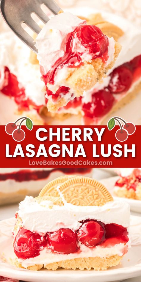 This easy-to-make Cherry Lasagna Lush is a sweet delight! Discover the perfect dessert recipe for your next celebration or occasion. Lasagne Dessert, Dessert Lasagnas, Lush Dessert, Desserts Gluten Free, Lush Recipes, Fabulous Desserts, Favorite Christmas Recipes, Christmas Delights, Cherry Crush