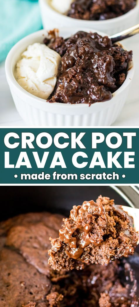 This Slow Cooker Chocolate Lava Cake is made entirely from scratch in the crockpot! Warm chocolate cake with a gooey center, filled with dark chocolate chips and then topped with a scoop of vanilla ice cream making a rich dessert that the entire family will love! Slow Cooker Lava Cake, Crockpot Chocolate Lava Cake, Crockpot Lava Cake, Chocolate Crockpot, Crockpot Chocolate, Crockpot Cake, Lava Cake Recipe, Chocolate Lava Cake Recipe, Crockpot Dessert Recipes