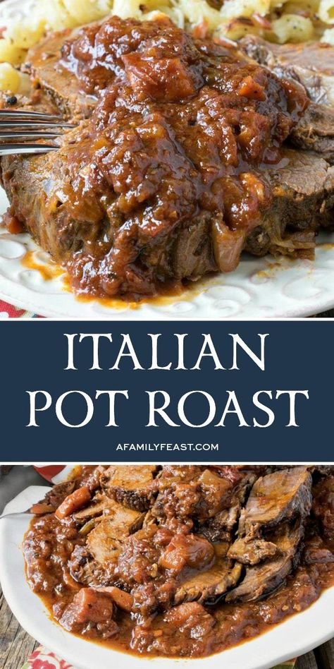 This easy Italian Pot Roast has flavorful and juicy, fork-tender beef smothered in a deep rich gravy. Crockpot Italian Pot Roast, Different Pot Roast Recipes, Flavorful Pot Roast Slow Cooker, Slow Cooker Italian Pot Roast, Pot Roast Ideas, Roast Ideas Beef, Beef Roast Recipes For Dinner, Italian Feast, Beef Roast Recipes