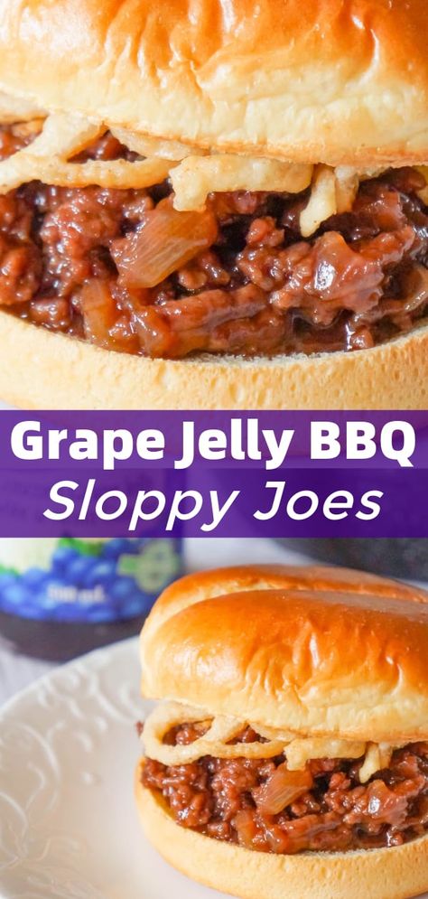 Grape Jelly BBQ Sloppy Joes are a fun twist on the classic sandwich. These tasty sloppy joes are made with ground beef tossed in a mixture of grape jelly and BBQ sauce and topped with French's crispy fried onions. Sloppy Joe Recipe With Grape Jelly, Bbq Ground Beef Sandwiches, Recipes That Use Grape Jelly, What To Make With Grape Jelly, Hamburger Meat Sandwich Recipes, Recipes Using Grape Jelly, Uses For Grape Jelly, Sloppy Joe Ideas Twists, Hamburger Bbq Recipe