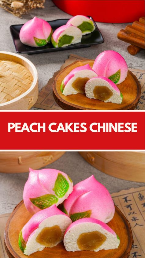 Peach Cakes Chinese, also known as Sienthou Peach, are sweet steamed buns that resemble peaches and are filled with a sweet filling. They are often enjoyed during festive occasions and make for a delightful dessert this recipe serves 10 and takes about 1 hour to prepare and steam. Peach Mochi, Fancy Peach Desserts, Japanese Peach Dessert, Peach Preserves Recipe Easy No Pectin, Peach Jam No Pectin, Red Bean Paste, Peach Cake, Steamed Buns, Bean Paste