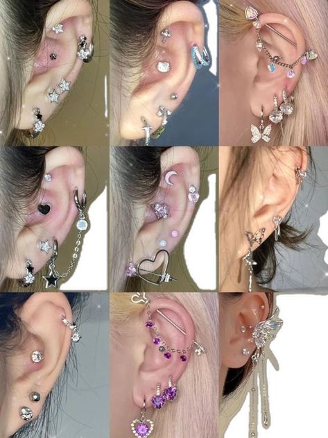 Idea For Ear Piercing, Piercing Inspo Both Ears, Piercings And Tattoos Women, Douyin Ear Piercing, Kawaii Ear Piercings, Ear Piercings Asian, Ear Decoration Piercings, Ear Piercing Ideas Grunge, Different Piercings Ear