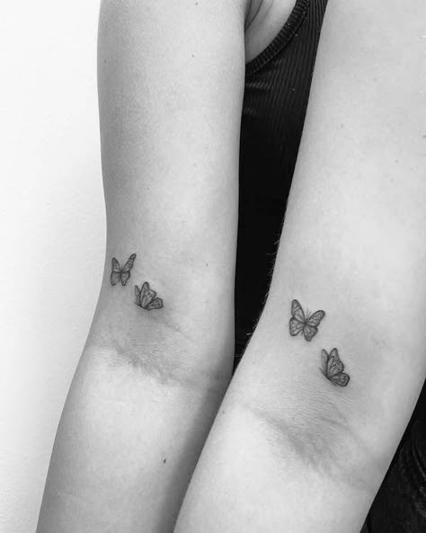 Two Butterflies Kissing Tattoo, Matching Ankle Tattoos Mother Daughters, Cute Matching Tattoos With Mom, Mom And Daughter Tiny Tattoos, 3 Small Butterflies Tattoo On Wrist, Butterfly Tattoo For Mom And Daughter, Matching Tattoos Godmother And Goddaughter, Small Tattoos Mum And Daughter, Butterfly Daughter Tattoo