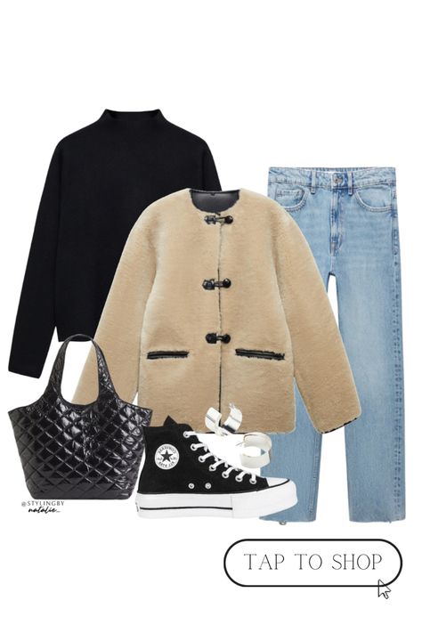 Faux fur coat, cropped mom jeans, converse lift all star high tops, black quilted shopper bag, black high neck sweatshirt & chunky silver hoops. Fall outfit, everyday outfits, school run look Furcoats Outfits, Fur Coat Cropped, Converse Lift, Cropped Mom Jeans, Fashion 23, Jeans Converse, Outfit Everyday, High Neck Sweatshirt, Mom Jeans Outfit