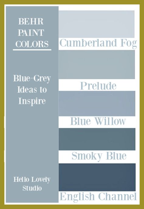 Blue Grey paint color ideas from Behr Paints - on Hello Lovely Studio. #bluegrey #bluegray #paintcolors #graypaintcolors Behr Paint Colors Blue Gray, Behr Paint Blue Grey, Grey Blue Paint Behr, Behr Smokey Blue, Blue Gray Behr Paint Colors, Behr Slate Blue Paint Colors, Blue Grey Paint Color Behr, Light Slate Blue Paint, Behr Paint Colors Blue