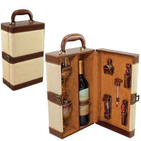 Travel case with a wine thermometer, corkscrew and other gadgets for the wine enthusiast Leather Wine Carrier, Luxury Box Design, Wood Wine Box, Steampunk Furniture, Travel Bar, Campaign Furniture, Leather Trunk, Portable Bar, Wine Carrier