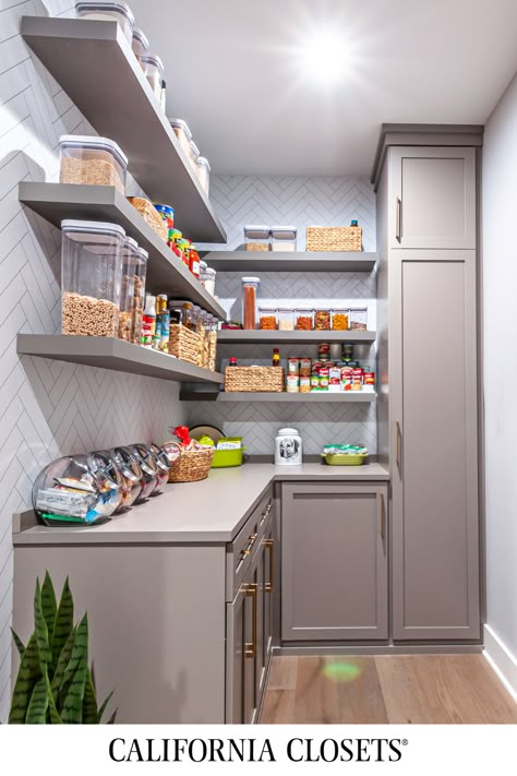 Pantry With A Countertop, Kitchen Walking Pantry, Pantry Shelving Ideas With Cabinets, L Shape Pantry Ideas, Pantry With Fridge Inside, Pantry With Chest Freezer Inside, Wide Pantry Ideas, Pantry Goals Door, Rectangular Pantry