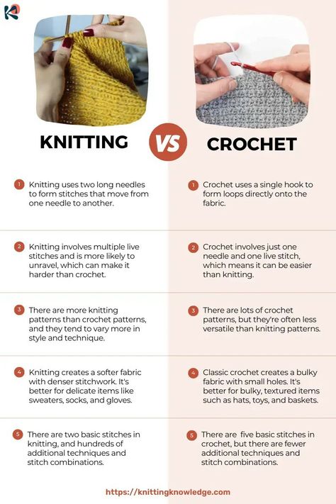 Difference Between Crochet And Knitting, Crochet Vs Knitting Difference, Knitting Vs Crochet, Knitting Vs Crocheting, Crochet Vs Knitting, Crochet Vs Knit, Stitch Step By Step, Knitting Terms, Diy Wool