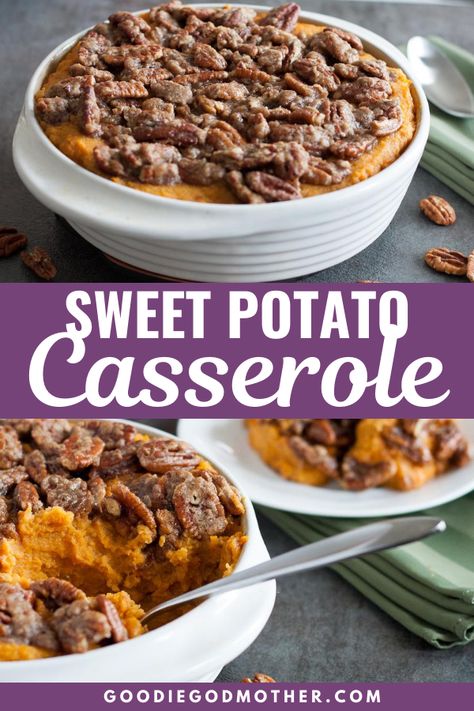 This classic sweet potato casserole really lets the natural sweetness of the potato shine! Top with the suggested crunchy pecan topping for a delicious contrast in texture.   #thanksgivingsides #sweetpotato #sidedish Butter Pecans, Best Sweet Potato Casserole, Pecan Crumble, Sweet Potato Casserole Easy, Sweet Potato Souffle, Pecan Topping, Sweet Potato Recipes Casserole, Yummy Sweet Potatoes, Crunchy Pecans