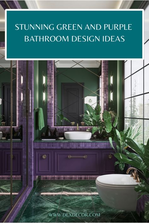 Green and purple bathroom with modern fixtures and large plants. Purple And Green Bathroom, Purple Bathroom Ideas, Purple Wall Paint, Unique Tile Patterns, Bathroom Colour, Purple Bathroom, Purple Tile, Purple Color Schemes, Purple Bathrooms