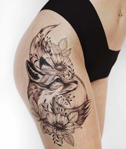 this fox hides in the flower, very quietly listen to the sound of the wind Animal Thigh Tattoo, Red Fox Tattoos, Fox Tattoo Design, Hip Thigh Tattoos, Bull Tattoos, Hip Tattoos Women, Thigh Tattoos, Leg Tattoos Women, Fox Tattoo