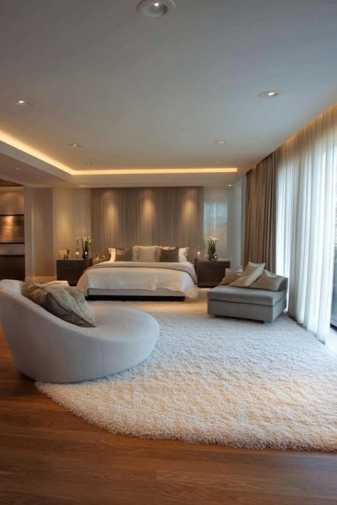 Modern Large Master Bedrooms With Sitting Modern Big Bedroom, Big Bedroom Luxury Master Suite, Large Master Bedrooms, Master's Bedroom, Feature Wall Bedroom, My Bedroom Ideas, Bathroom Decor Luxury, Luxury Bedroom Master, Modern Mansion