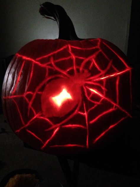 Black widow pumpkin carving idea for home!! Done by av Black Widow Pumpkin Carving, Pumpkin Carving Ideas Venom, Pumpkin Carving Ideas Spider Web, Deadpool And Wolverine Pumpkin Carving, Pumpkin Carving Idea, Elaborate Pumpkin Carving, Idea For Home, Pumpkin Carving Designs, Carving Designs